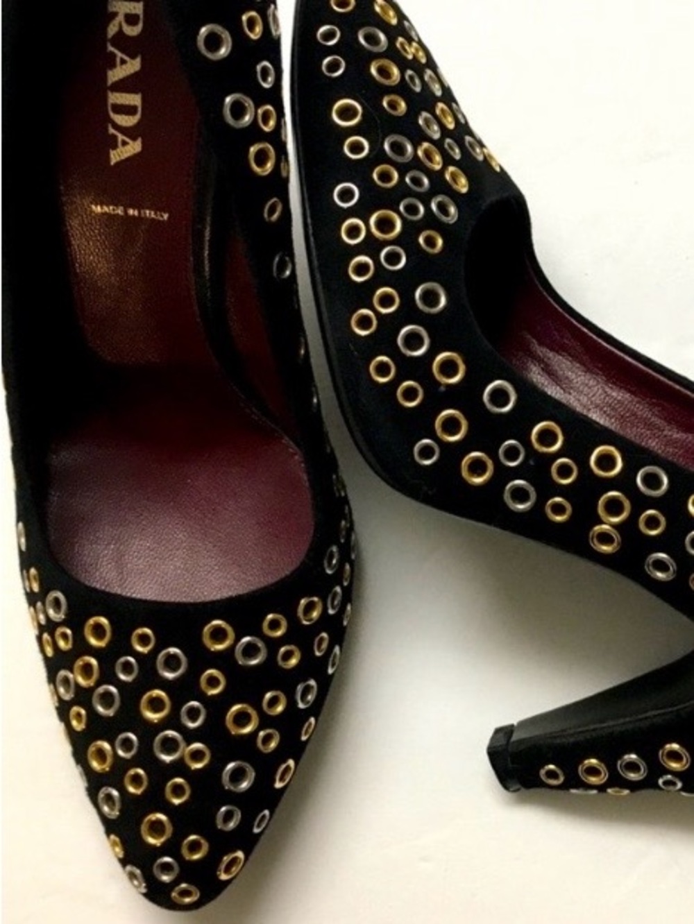 Prada Black Suede Grommet Pump - Black with Gold & Silver Accents - Like New